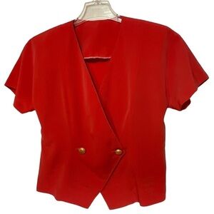 80’s Red Vintage‎ Blouse, M Shoulder Pads Retro Gold Buttoned Wrap V Neck